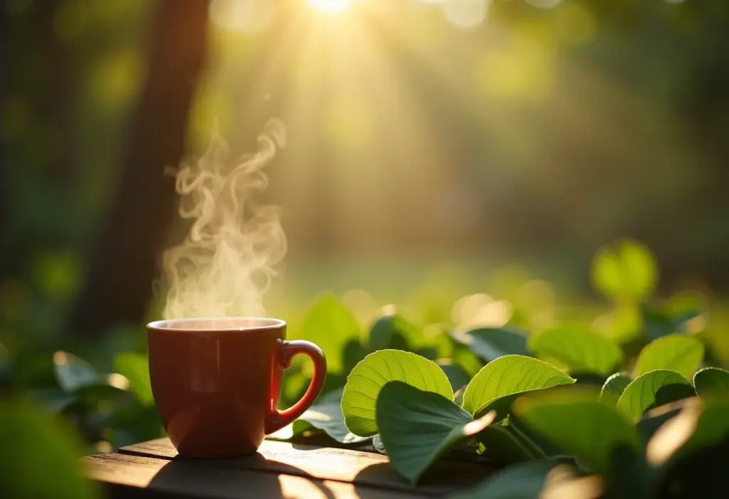 Jardim ensolarado com pessoas desfrutando chá de folha de amora