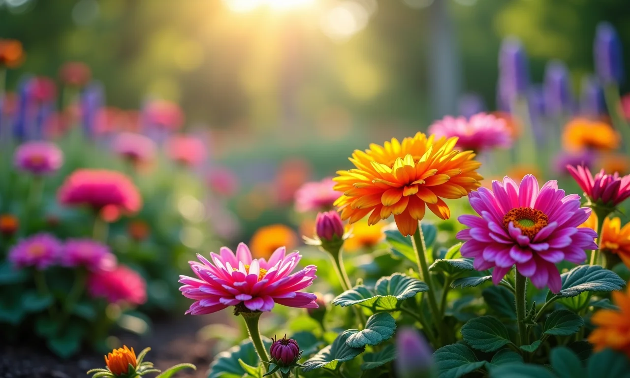 Jardim sensorial com flores vibrantes e folhagens coloridas.