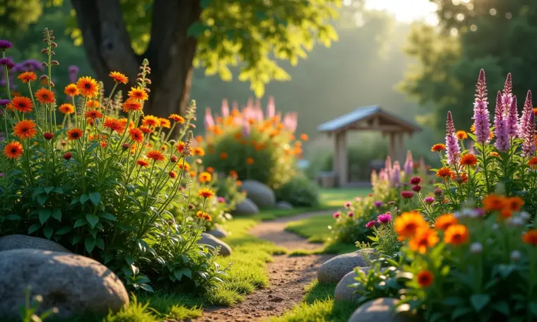 Jardim sensorial vibrante com flores coloridas e plantas texturizadas.