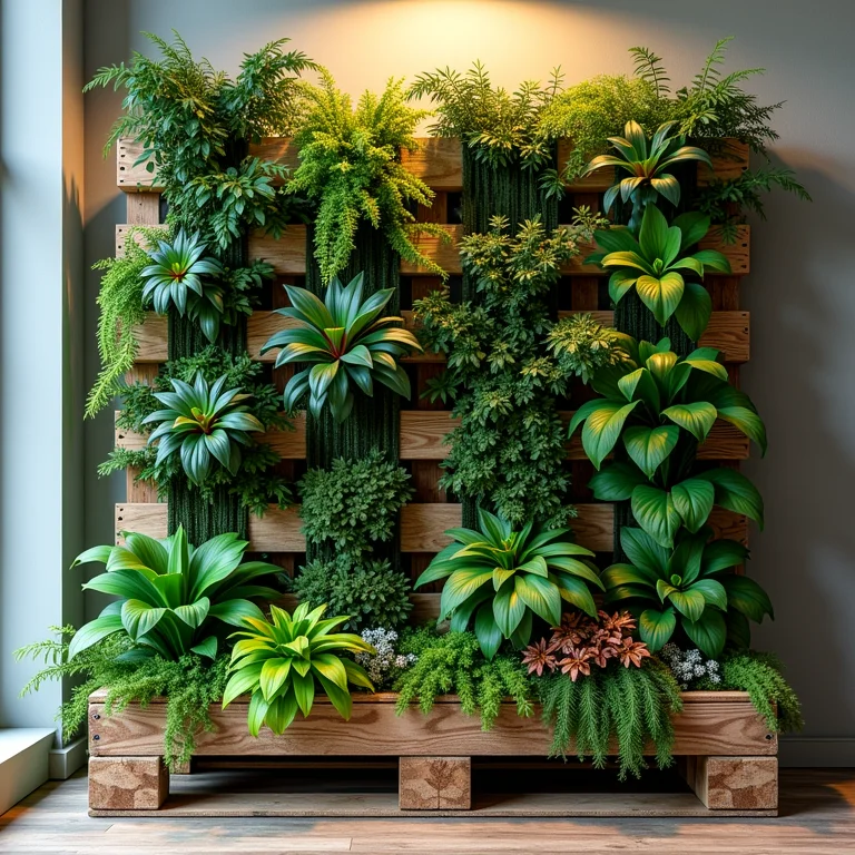 Jardim vertical de pallets com plantas vibrantes