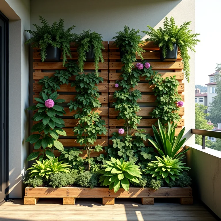 Jardim vertical feito com pallets em uma varanda.