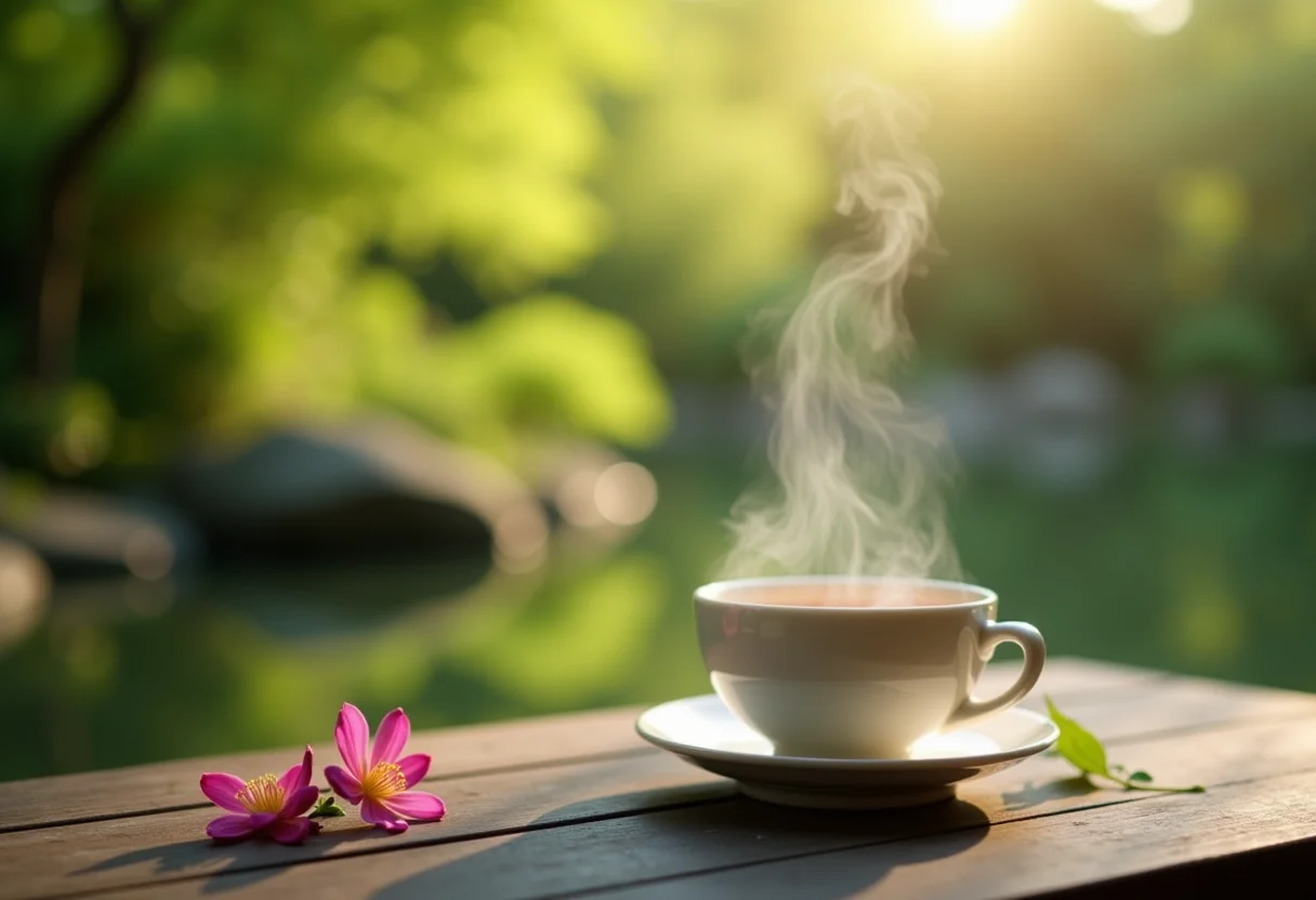 Jardim zen com xícara de chá de jasmim fumegante.