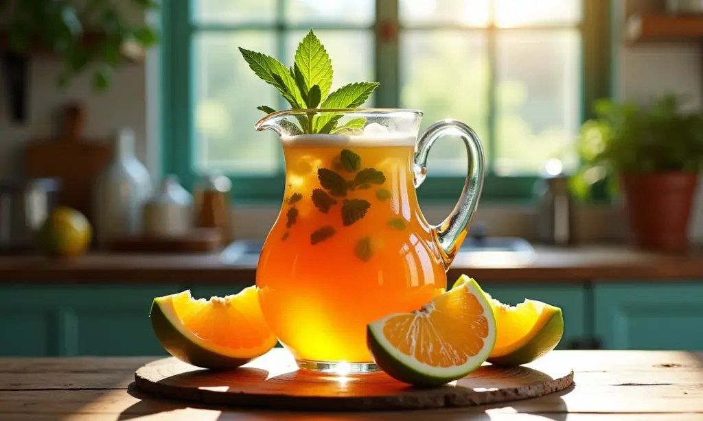 Jarra de chá gelado de folha de pitanga com frutas frescas e hortelã.