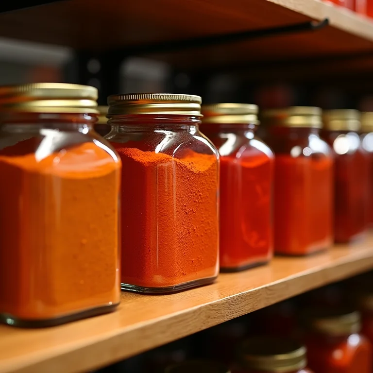 Jars of paprika powder in natural products store