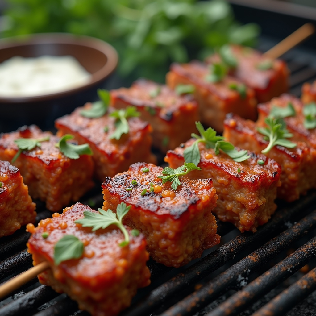 Kafta skewers on a grill, ground meat, herbs, Middle Eastern spices, vibrant colors, natural Espetinho de kafta com especiarias do Oriente Médio.