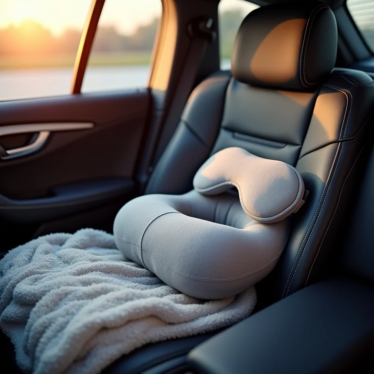 Kit essencial de conforto com almofada de pescoço, máscara de olhos e manta no banco do carro.