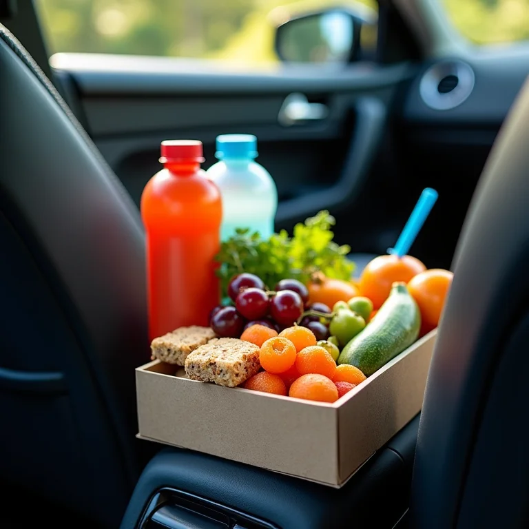 Lanches saudáveis e água organizados no carro.