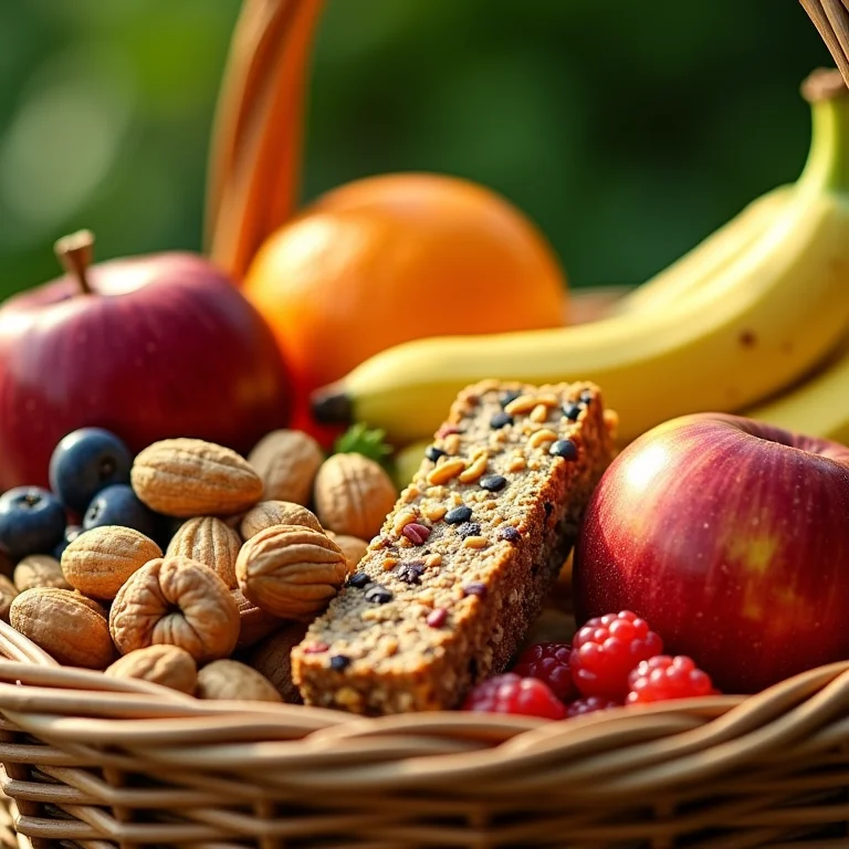 Lanches saudáveis variados em uma cesta de piquenique para a viagem.