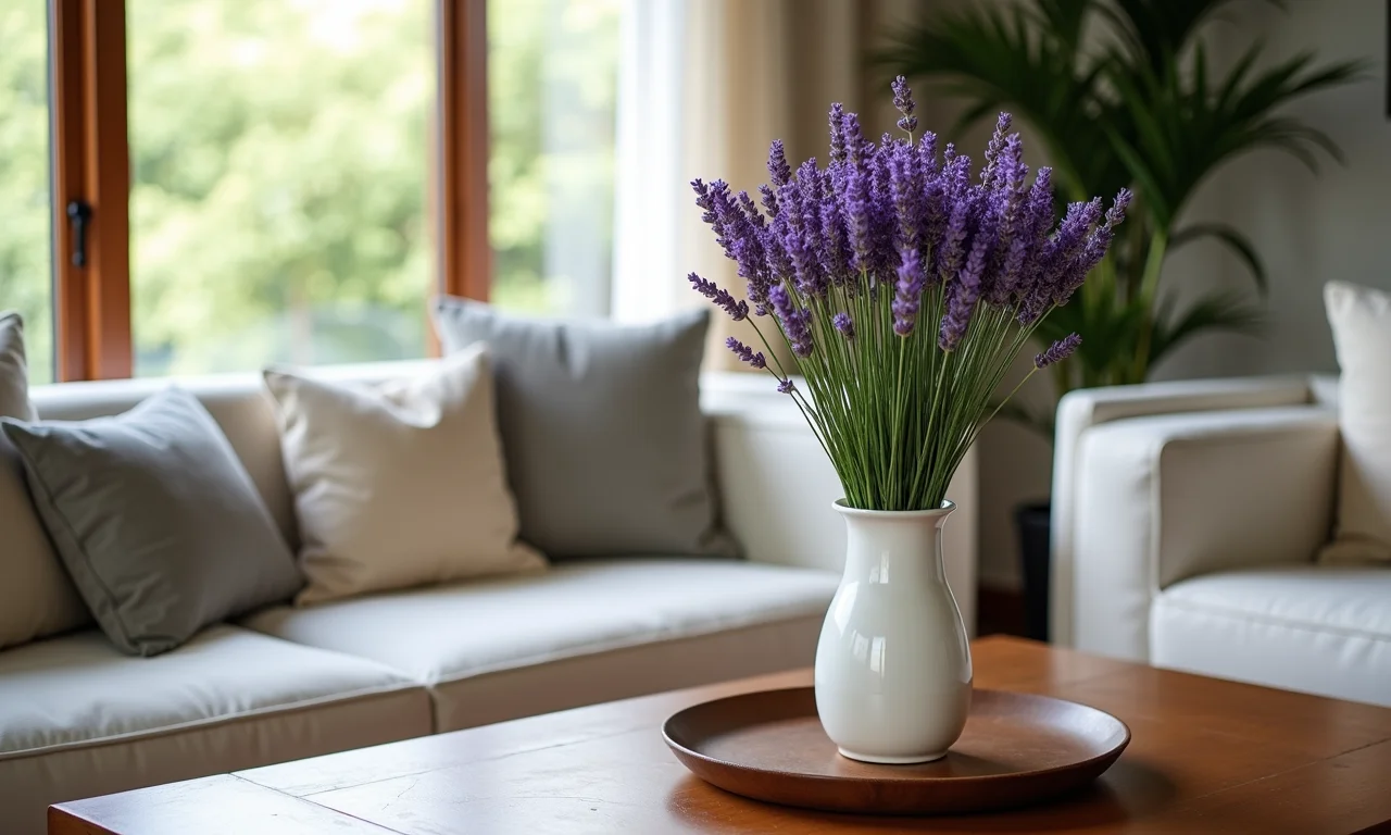 Lavanda fresca em vaso decorando sala de estar.