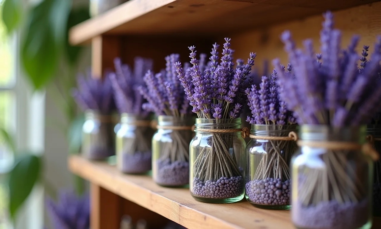 Lavanda seca armazenada em potes de vidro em prateleira.