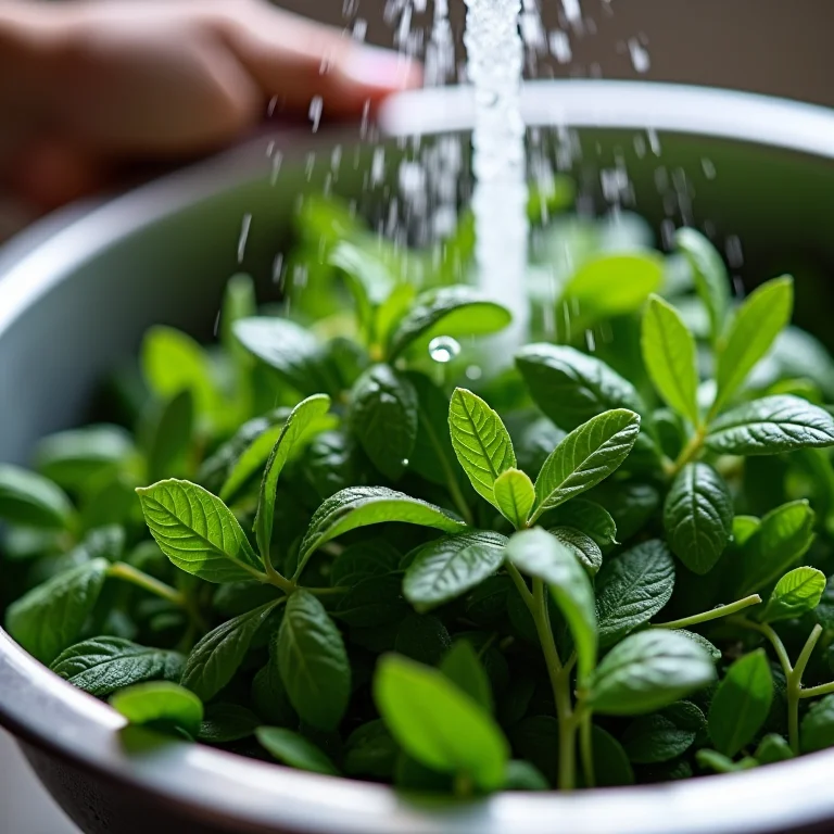 Lavando ervas de Provence frescas em um escorredor.