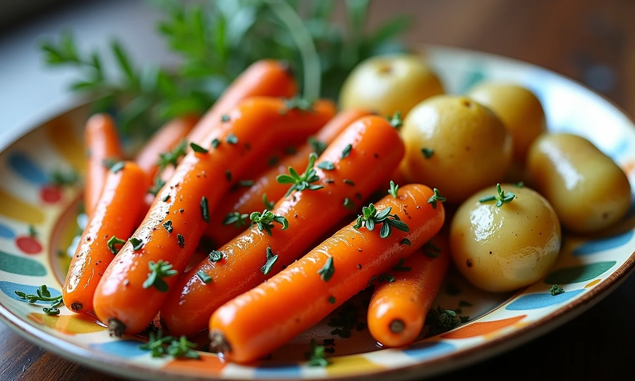 Legumes assados com tomilho e azeite em travessa colorida.