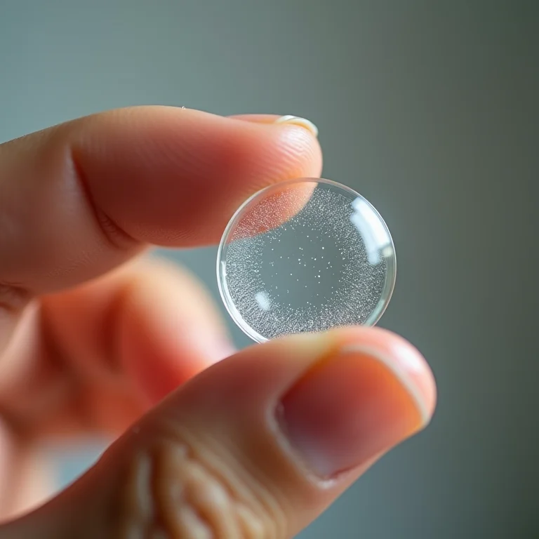 Lente de contato contaminada com partículas visíveis.