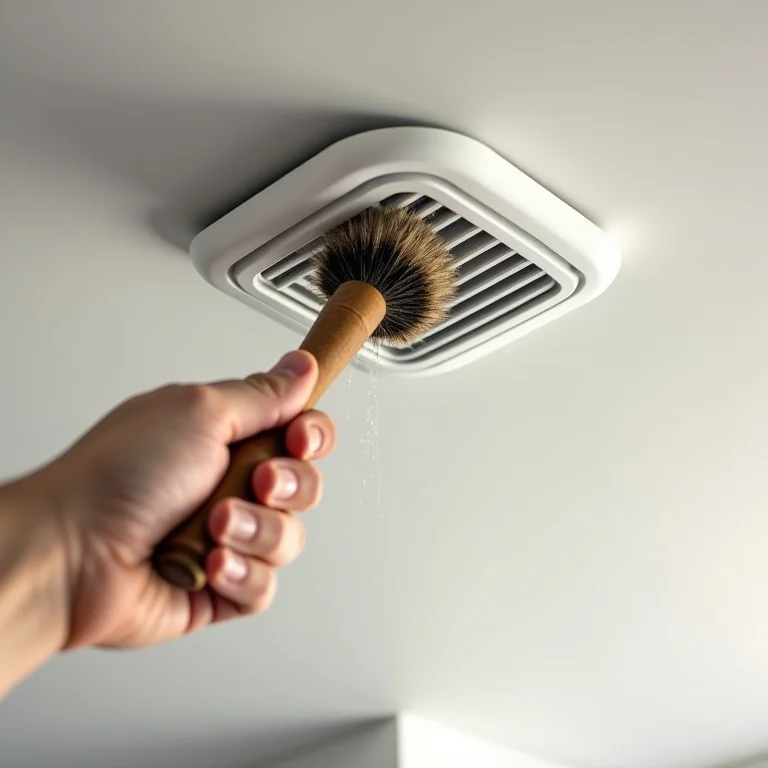 Limpeza de um exaustor de parede com uma escova.