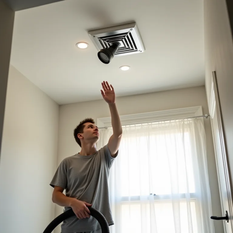 Limpeza de um exaustor de teto com um aspirador de pó.