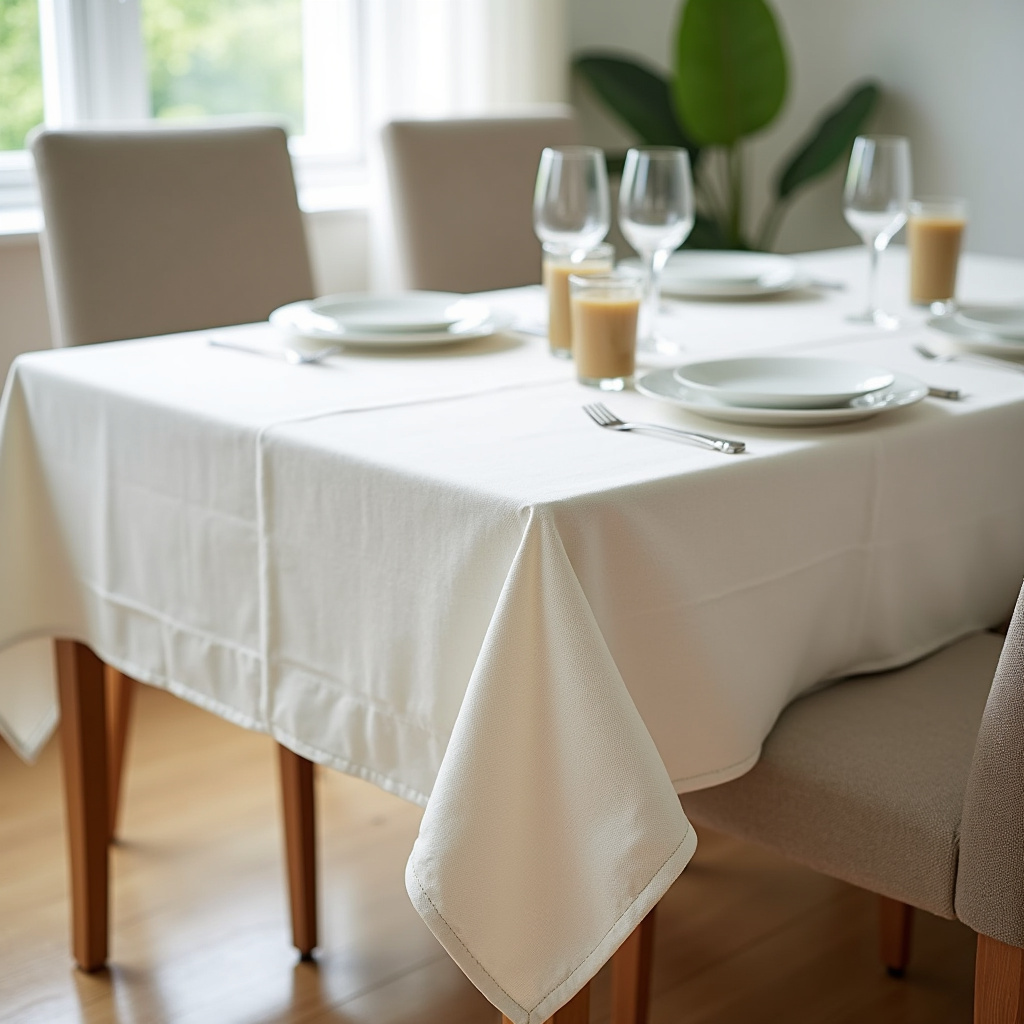 Linen tablecloth on dining table, neutral colors, elegant setting, natural light, 8K, commercial Toalha de mesa de linho em mesa de jantar elegante.