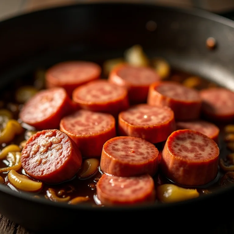 Linguiça defumada refogando em frigideira de ferro.