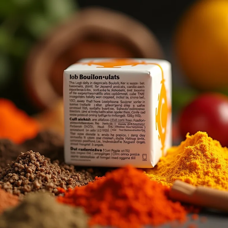 Lista de ingredientes de caldo em cubos com aditivos químicos em destaque