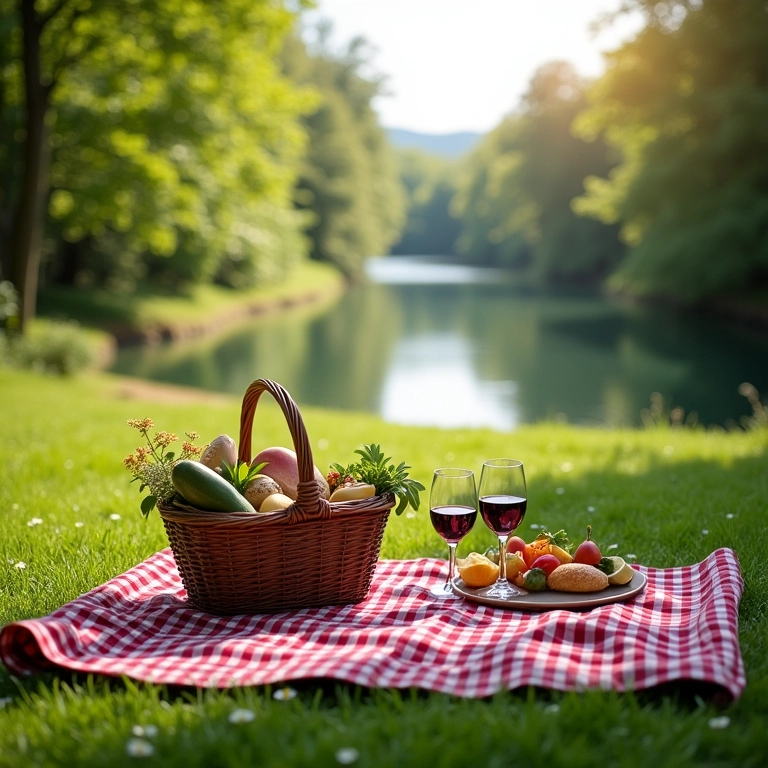 Local ideal para piquenique romântico: parque verde com vista para o rio.