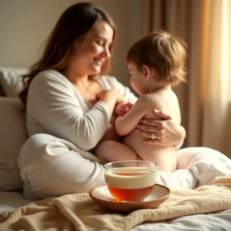 Mãe amamentando seu bebê, com uma xícara de chá de feno grego ao lado, simbolizando os benefícios do chá para a amamentação.