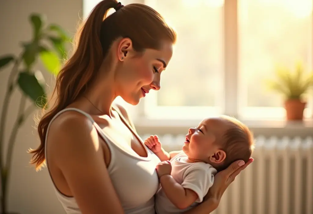 Amamentação turbinada: O segredo do chá de feno grego Mãe amamentando seu bebê em um ambiente calmo e iluminado, representando a conexão entre eles.
