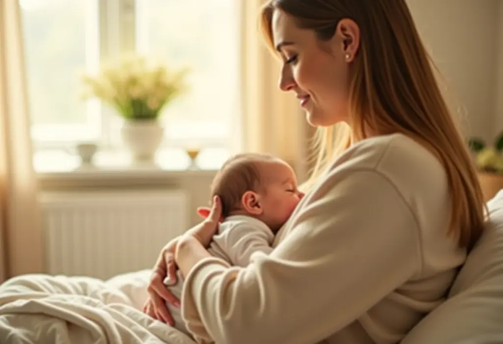 Mãe confortando bebê com chá de erva-doce em ambiente calmo
