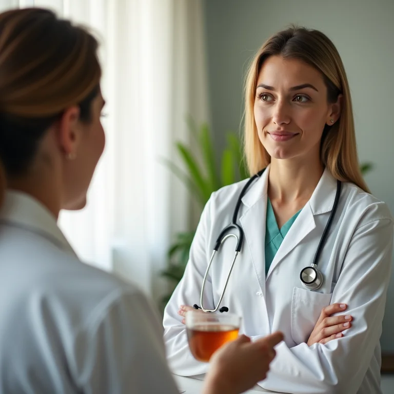 Mãe conversando com um médico sobre as contraindicações do chá de feno grego, enfatizando a importância do acompanhamento profissional.