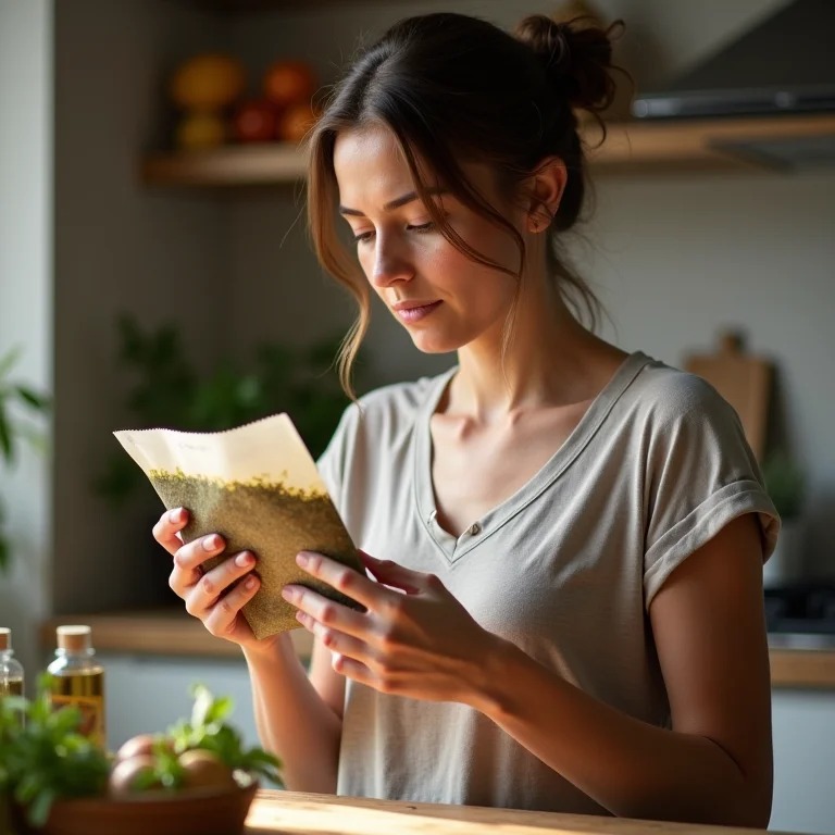 Mãe lendo rótulo de erva doce