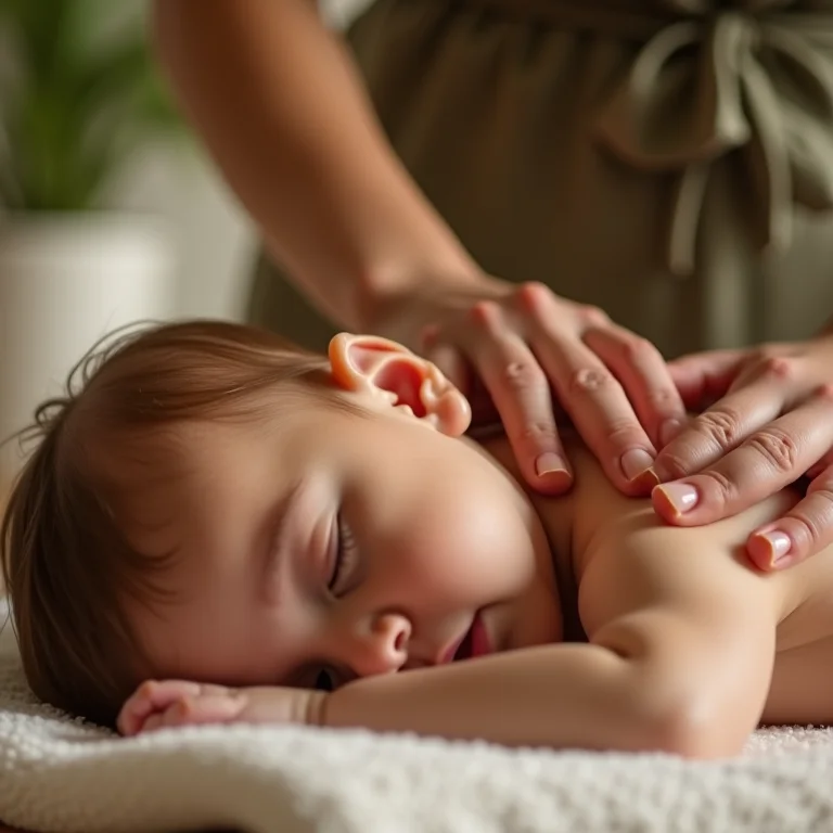 Mãe massageando bebê com óleo de erva-doce