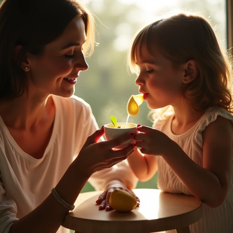 Mãe oferecendo um gole de chá mate batido com limão para sua filha