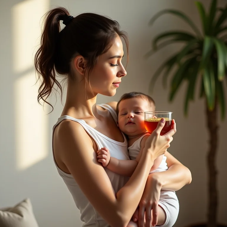 Mãe segurando seu bebê enquanto bebe chá de feno grego, com uma expressão relaxada.