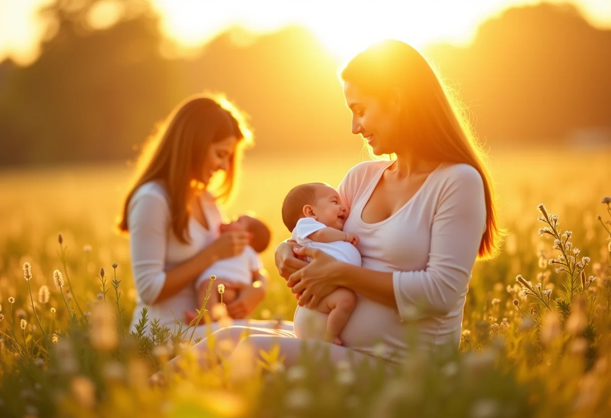 Mães amamentando em um campo florido sob a luz do sol