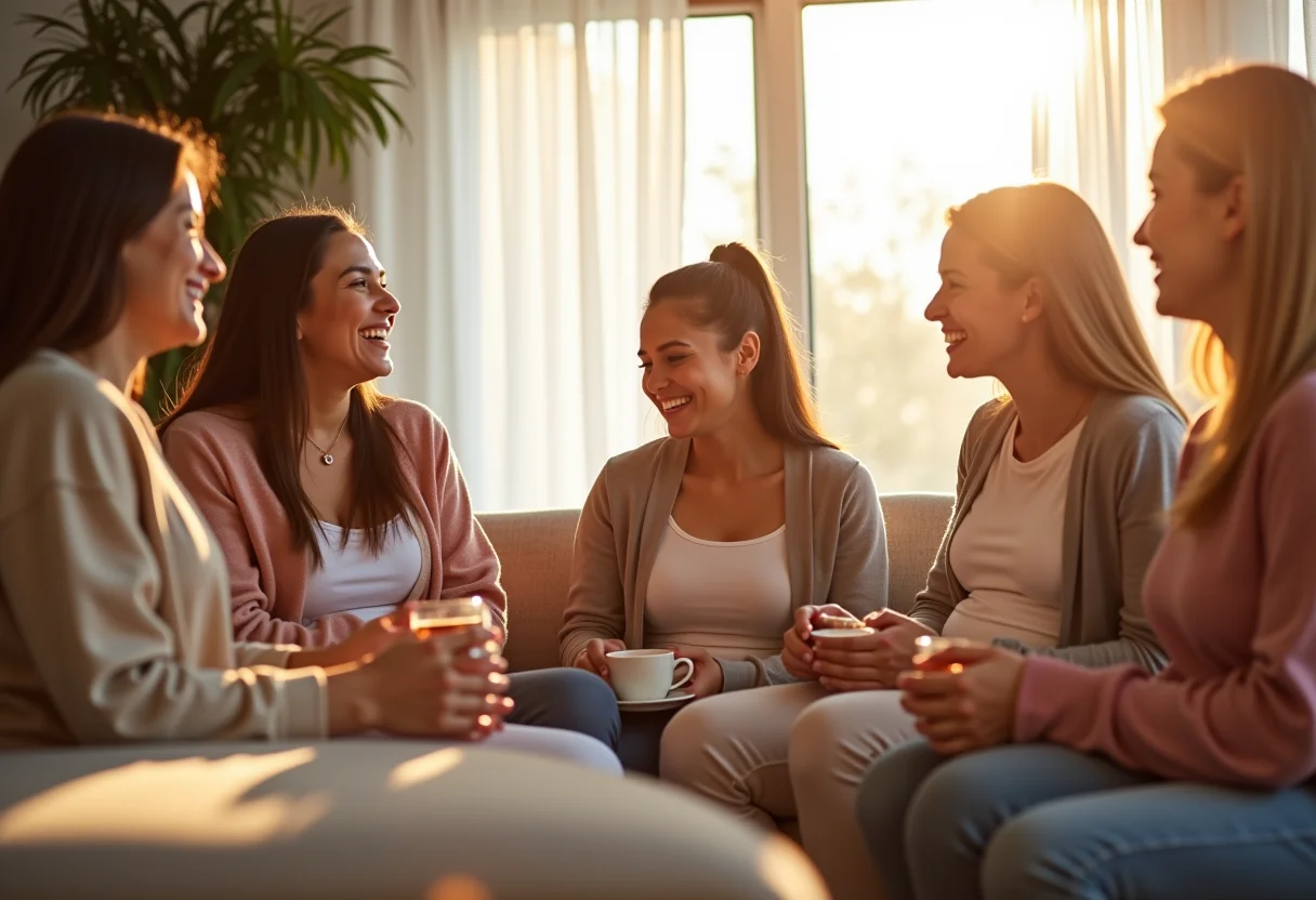 Mães diversas reunidas em um ambiente acolhedor, compartilhando experiências sobre amamentação e chá de feno grego.