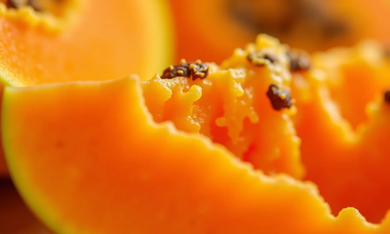 Mamão fatiado mostrando sua polpa alaranjada e aroma sutil.