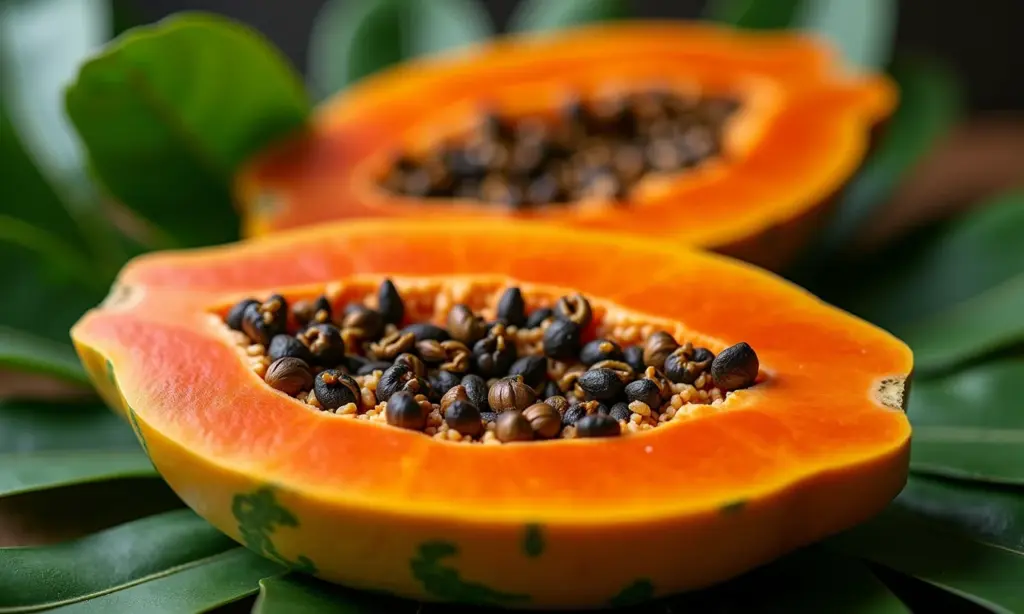 Mamão maduro cortado ao meio, com sementes brilhantes e folhas tropicais ao redor.
