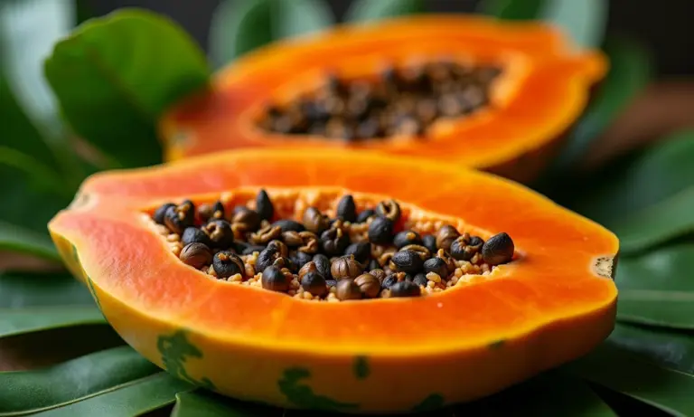 Mamão maduro cortado ao meio, com sementes brilhantes e folhas tropicais ao redor.