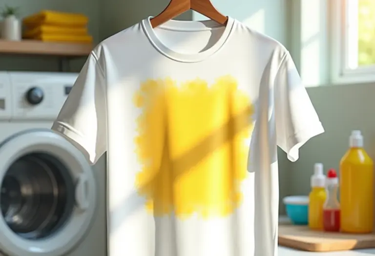 Mancha de curry em camisa branca sendo removida em lavanderia iluminada