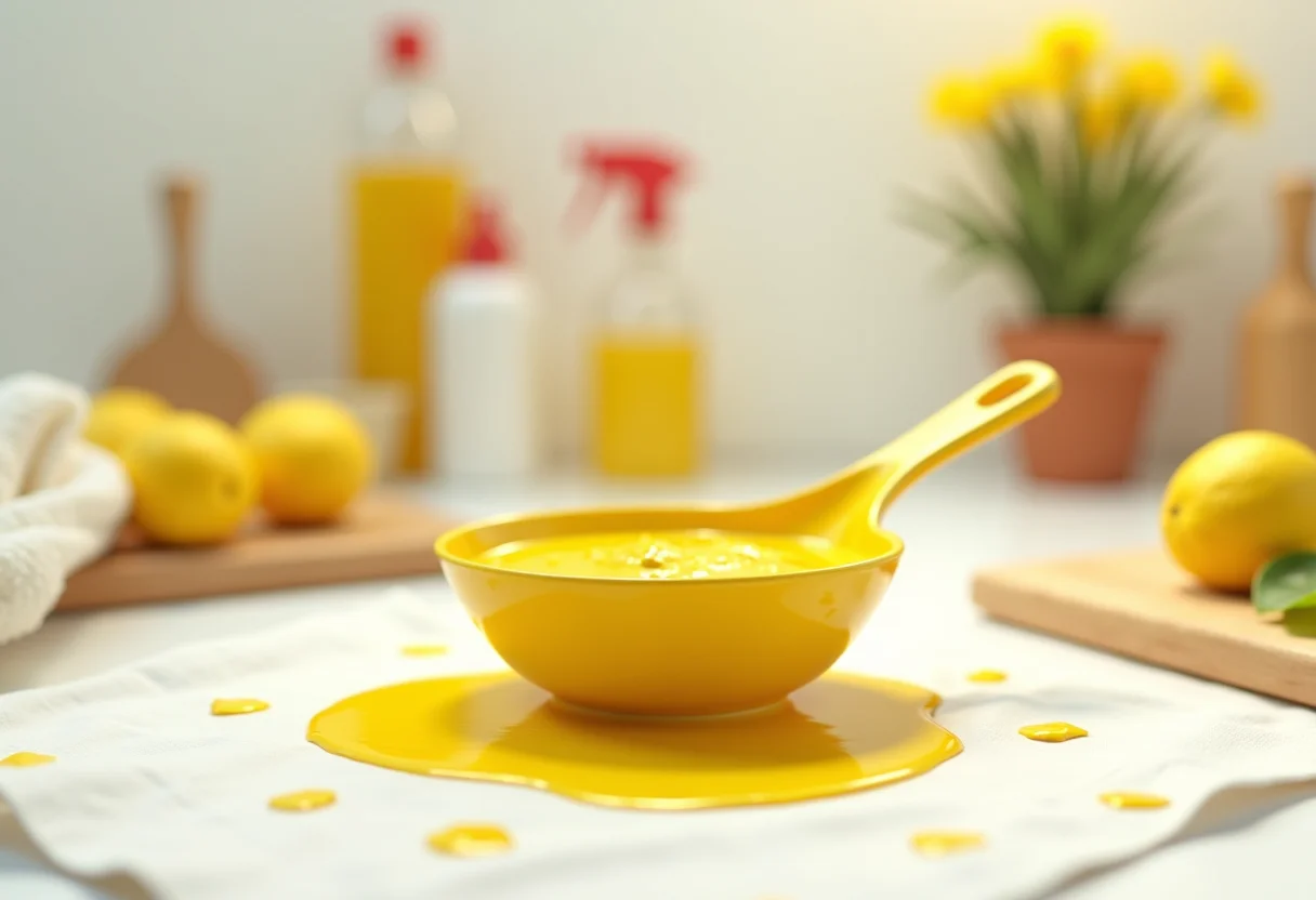 Mancha de curry em tecido branco com produtos de limpeza ao redor.