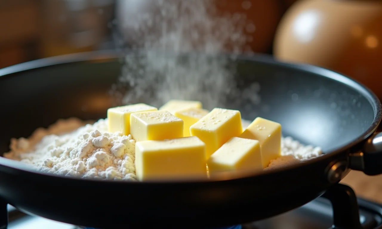 Manteiga e farinha derretendo em uma panela, demonstrando a importância da temperatura ideal.