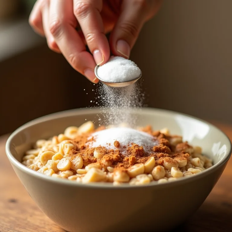 Mão adicionando açúcar em aveia com canela.