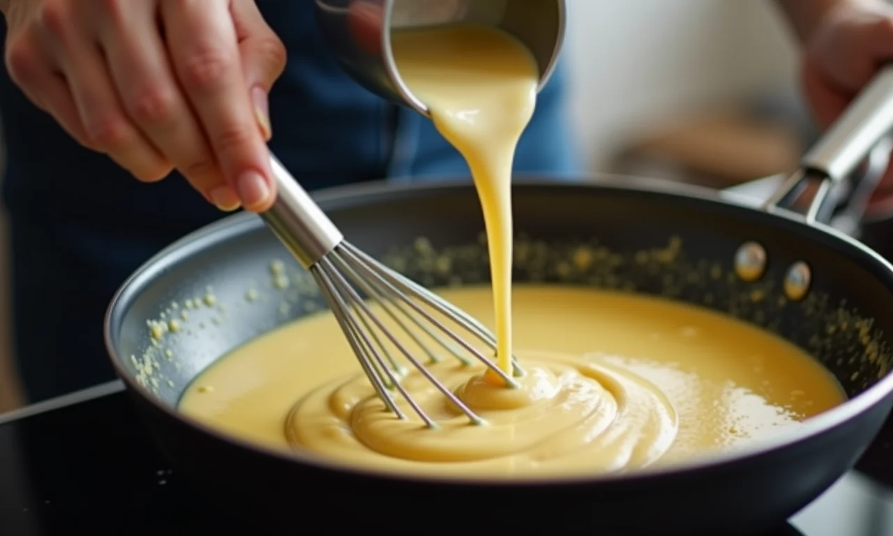 Mão adicionando lentamente leite morno a um roux, mexendo delicadamente.