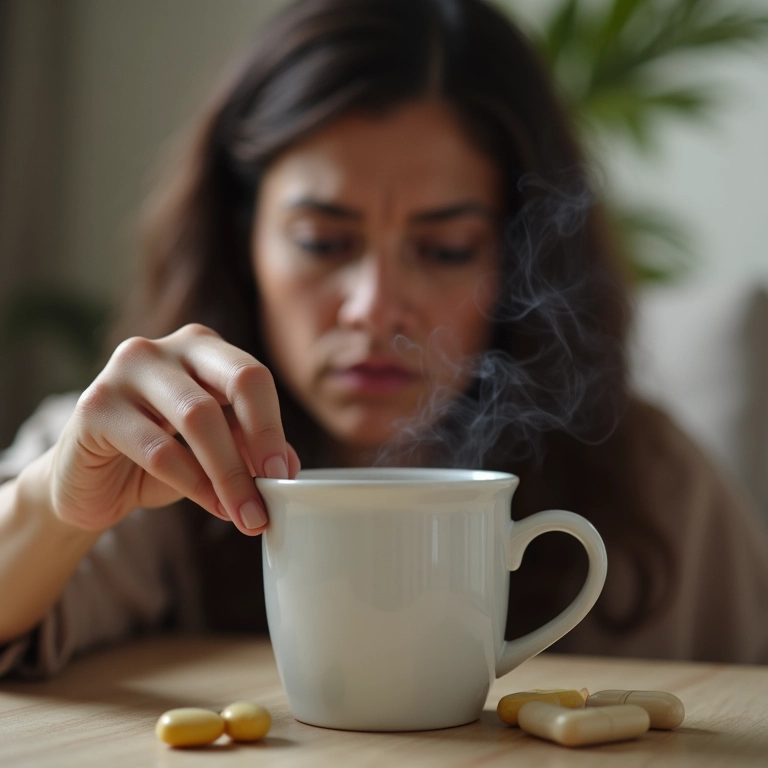 Mão alcançando caneca fumegante, comprimidos borrados ao lado.