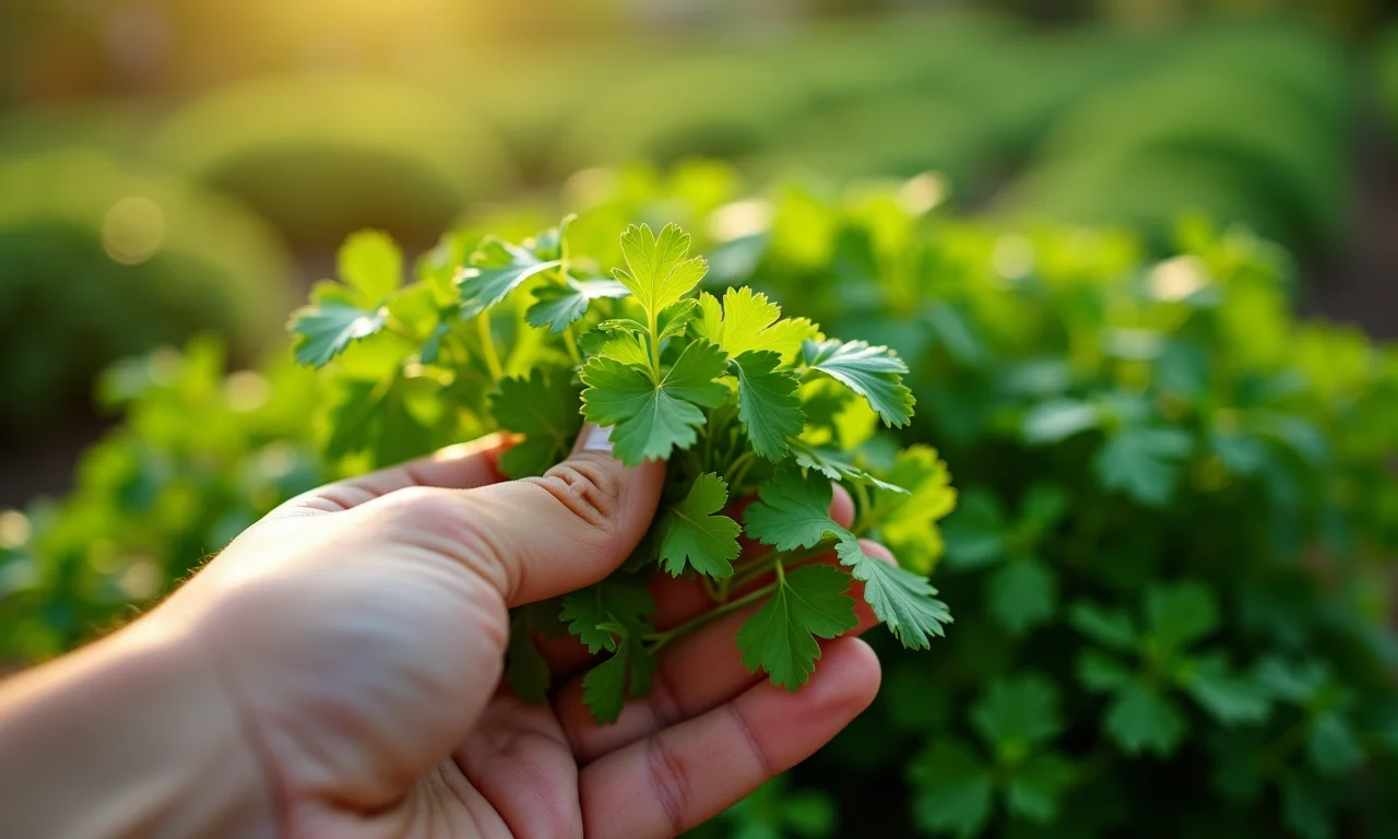 Mão colhendo coentro fresco de uma horta caseira.