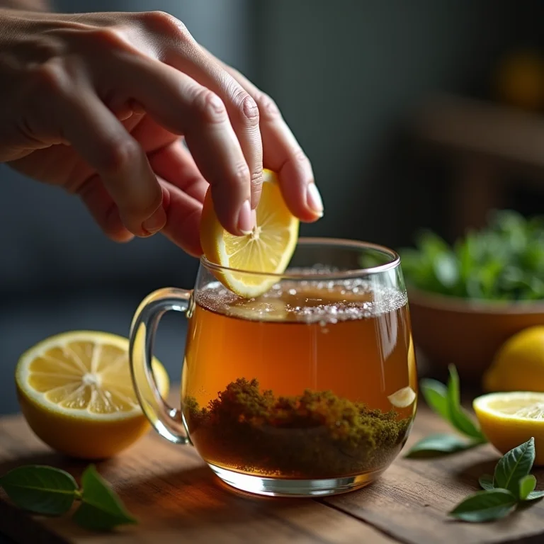 Mão de especialista preparando chá mate com limão, mostrando a técnica e os ingredientes.