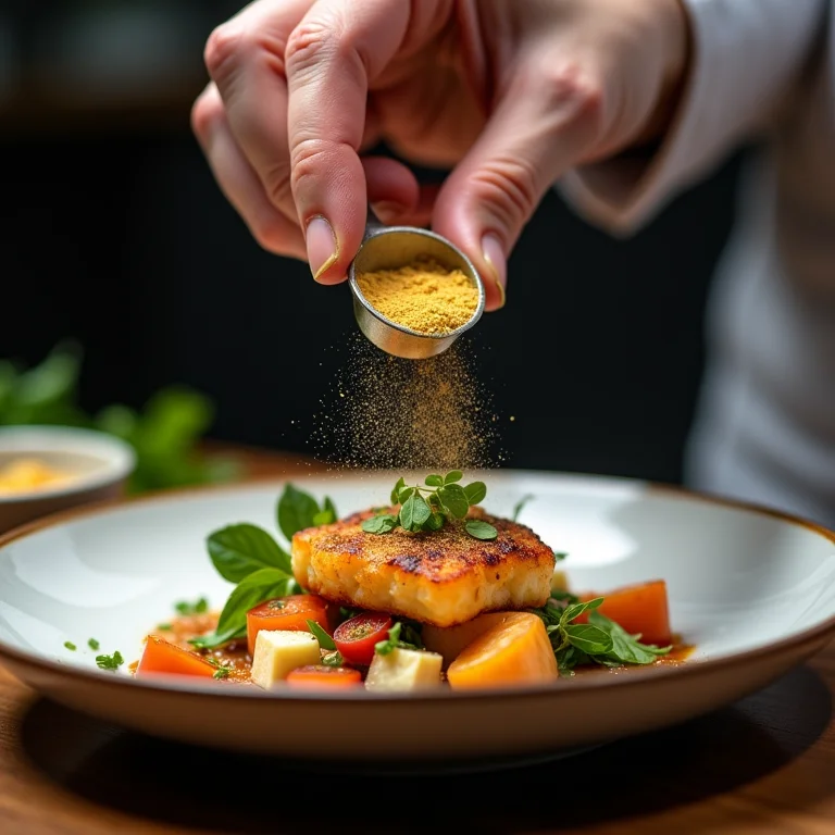 Mão de um chef adicionando molho tártaro em pó a um prato.