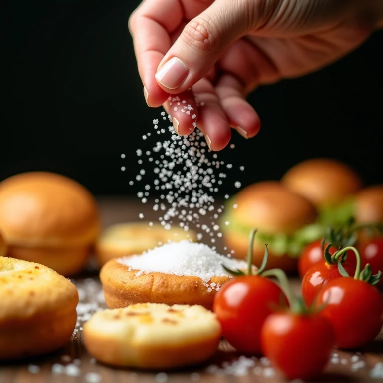 Mão despejando sal em excesso sobre alimentos processados