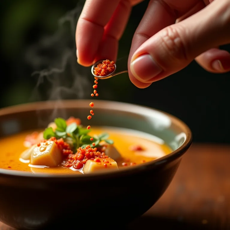 Mão dosando glutamato monossódico (MSG) perto de uma tigela de sopa.