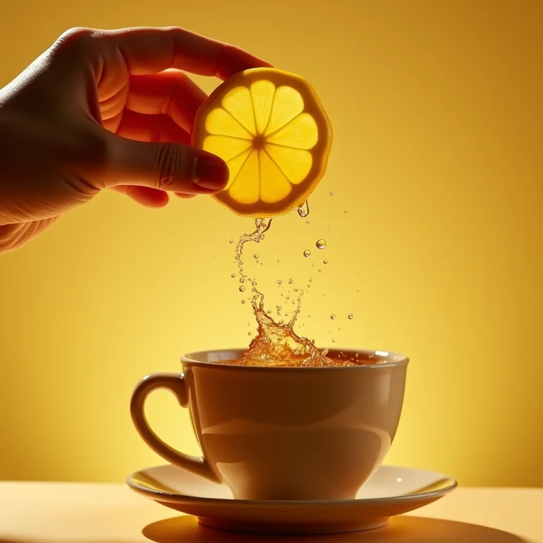 Mão espremendo limão fresco em chá de canela