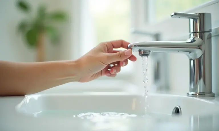 Mão fechando torneira para economizar água em banheiro iluminado.