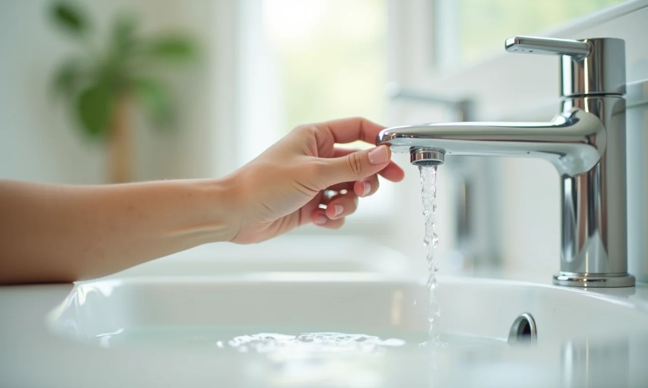 Mão fechando torneira para economizar água em banheiro iluminado.